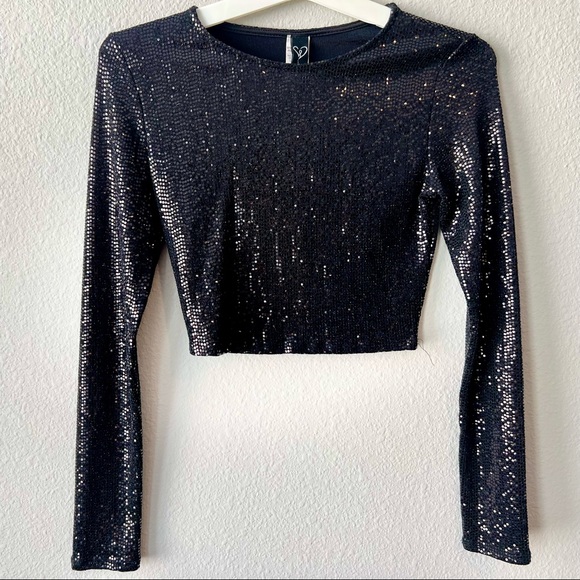 Windsor Tops - Long Sleeve Black Sequin Crop Top